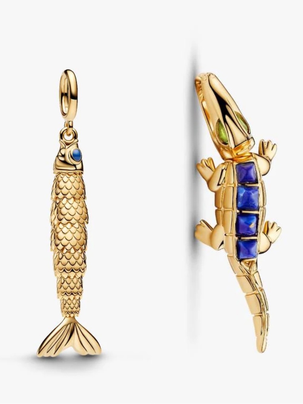 Pandora fish charm and alligator charm 14k gold plating